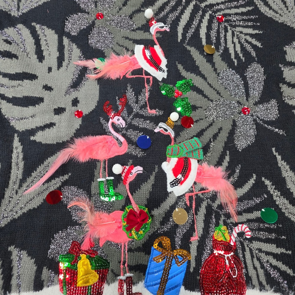 33 Degrees Ugly Christmas Sweater Medium Black Excellent Flamingo Feathers